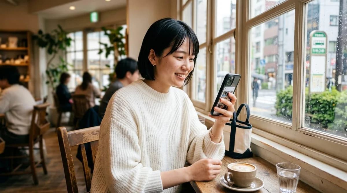 カフェでスマートフォンを見ながら微笑む女性